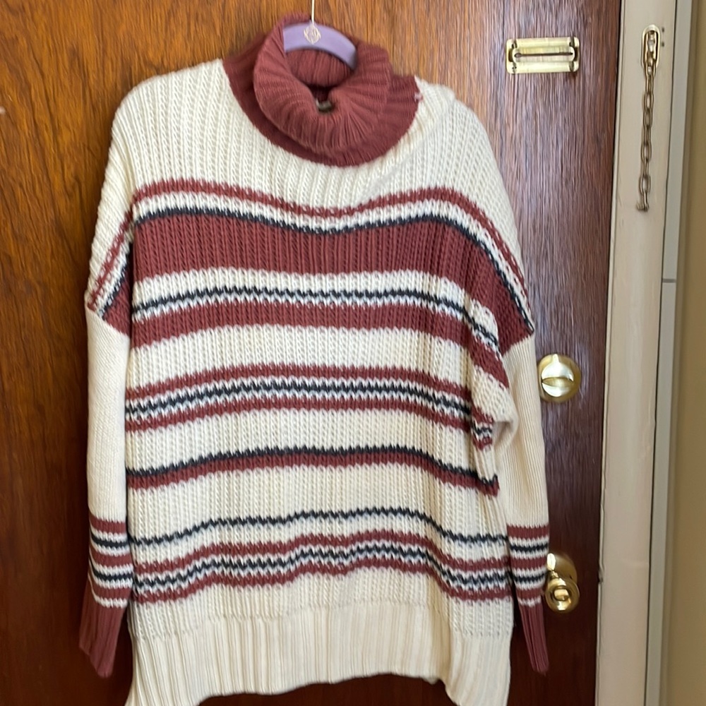 POL cowl neck beige & rust open knit sweater not see-thru